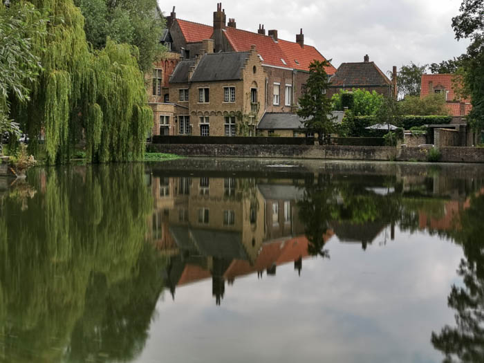 Reflets des bâtiments sur le Minnewaterpark à Bruges en Belgique