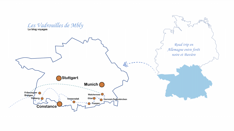 Carte de l'itinéraire de notre road trip en Allemagne du Sud à faire en van ou en camping car